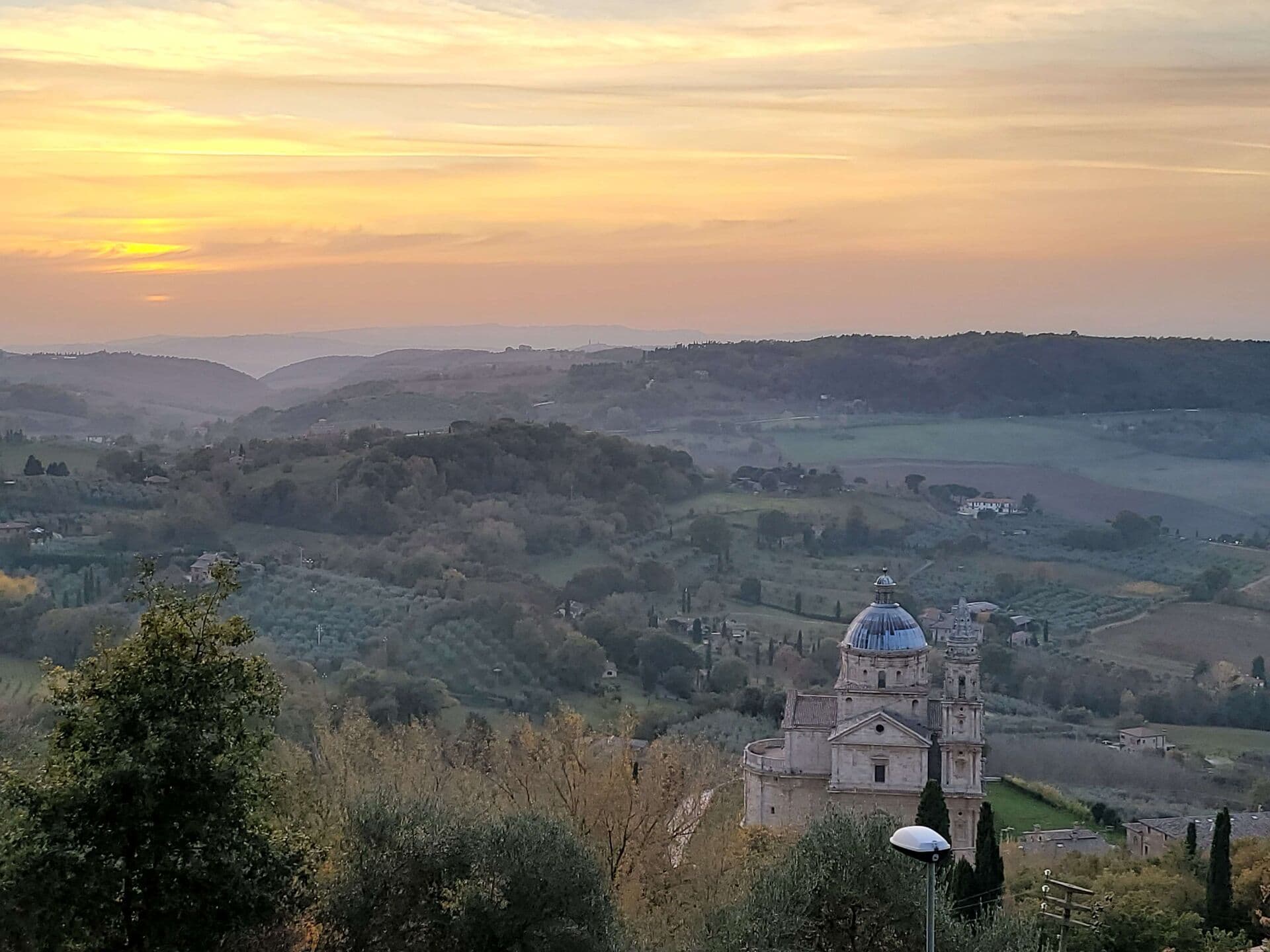 Rolling Tuscan hills with cypress trees and golden vineyards near Montepulciano