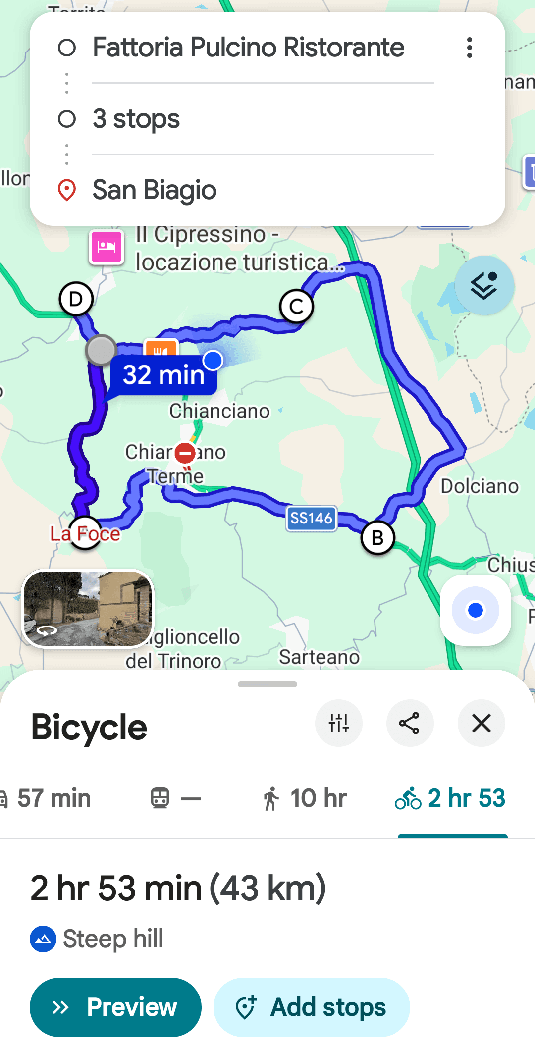 Google Maps cycling route showing the loop from Fattoria Pulcino to San Biagio — 43km core, 2hr 53min estimated cycling time