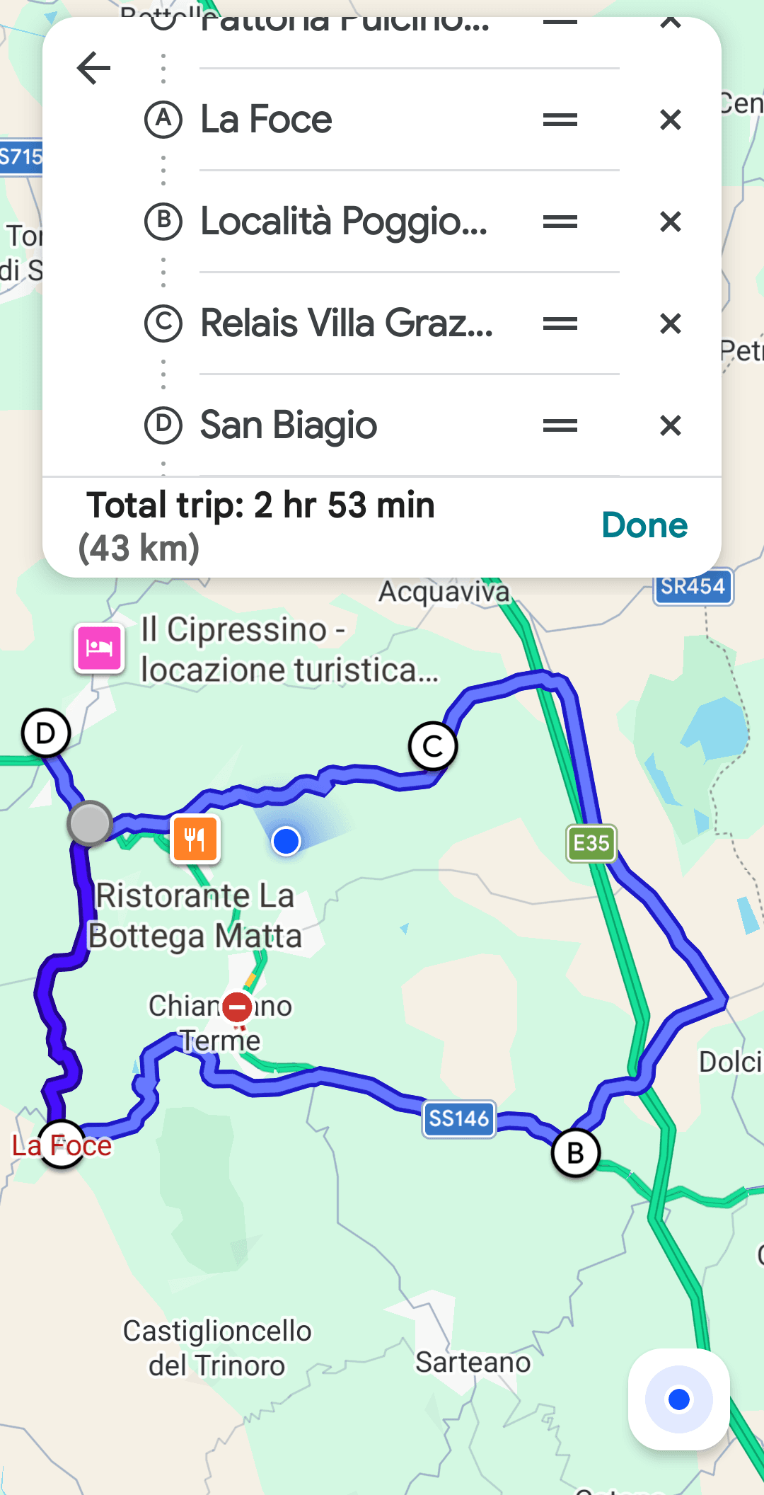 Cycling route map: Fattoria Pulcino → La Foce → Chianciano Terme → back via Località Poggio Olivo — 43km core loop