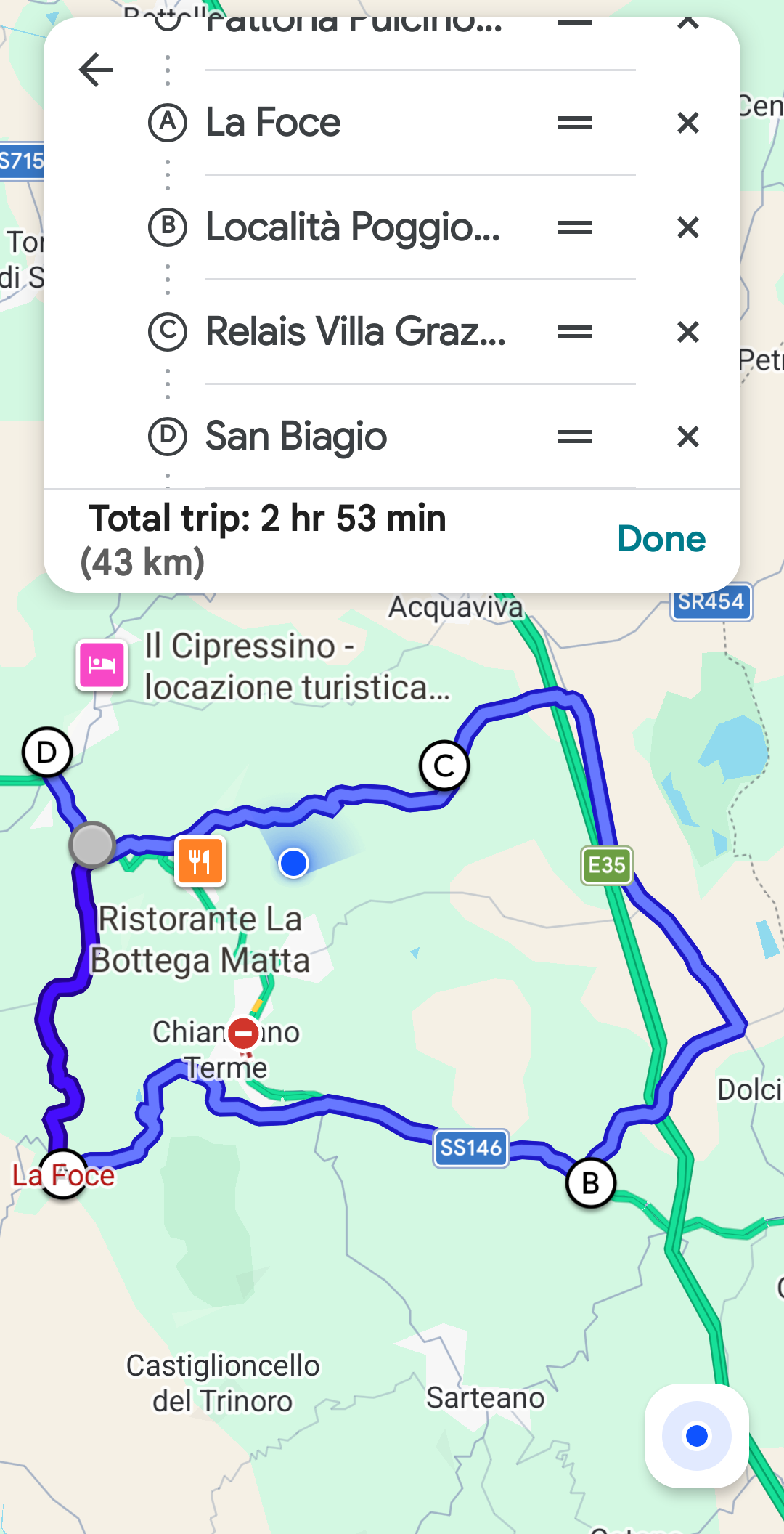 Cycling route map: Fattoria Pulcino → La Foce → Chianciano Terme → back via Località Poggio Olivo — 43km core loop